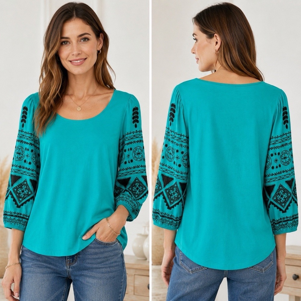 Chico's Womens Size 3 Teal Green XL Top Ribbon Rosette Balloon Sleeve Blouse